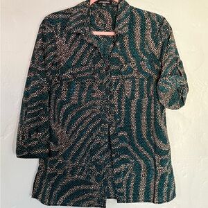 Teal, Cream, Black and White Patterned Blouse (A12)